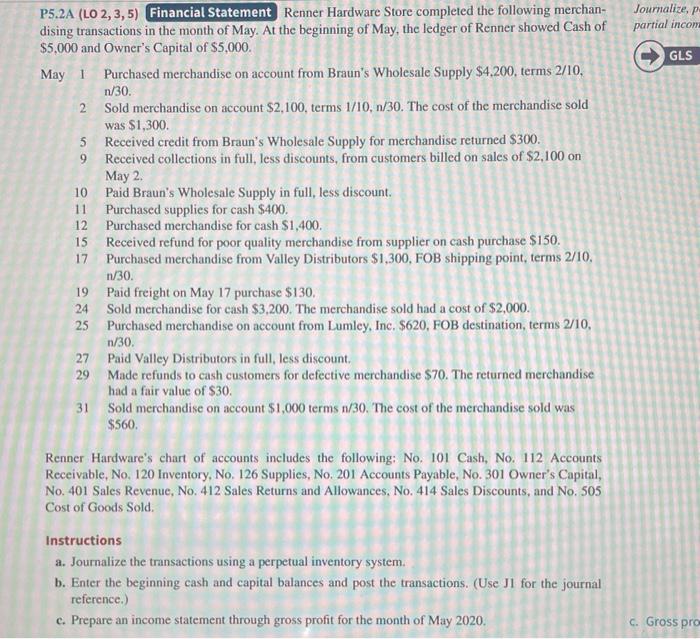 P5.2A (LO 2, 3, 5) Financial Statement Renner Hardware Store completed the