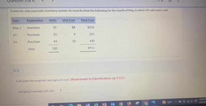 Question Crane Inc. uses a periodic inventory system. Its records show the