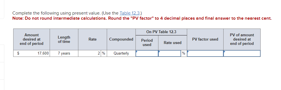 Complete the following using present value. (Use the Table 12.3.) Note: Do