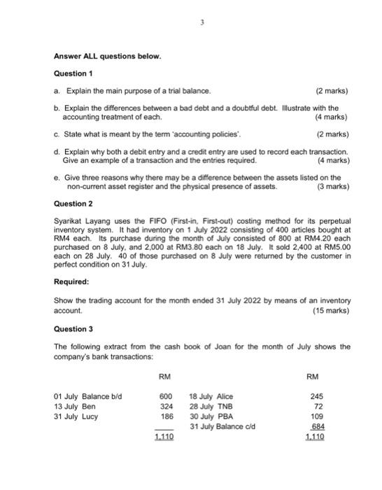 Answer ALL questions below. Question 1 a. Explain the main purpose of