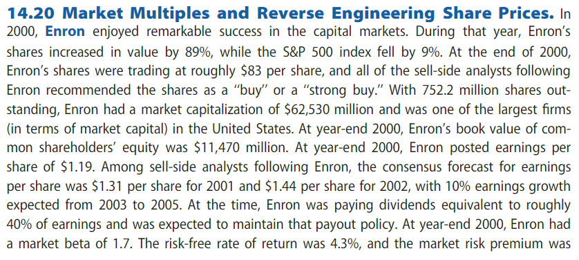 14.20 Market Multiples and Reverse Engineering Share Prices. In 2000, Enron enjoyed