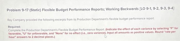 Problem 9-17 (Static) Flexible Budget Performance Reports; Working Backwards [LO 9-1, 9-2,