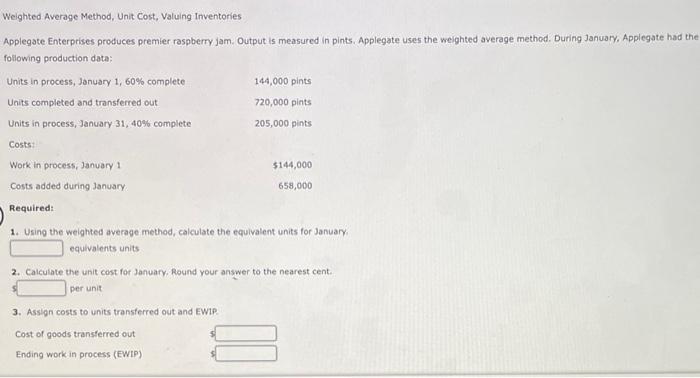 Weighted Average Method, Unit Cost, Valuing Inventories Applegate Enterprises produces premier raspberry