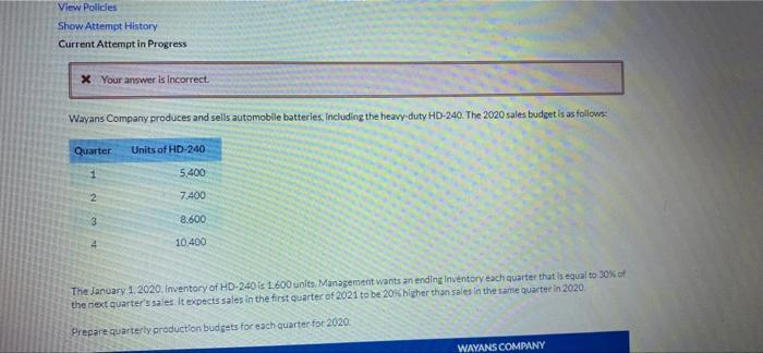 View Policles Show Attempt History Current Attempt in Progress X Your answer