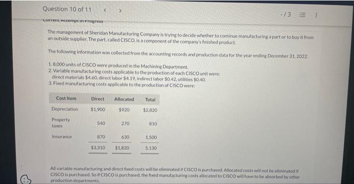 Question 10 of 11 < > -/3 Current Attempem Progress The management