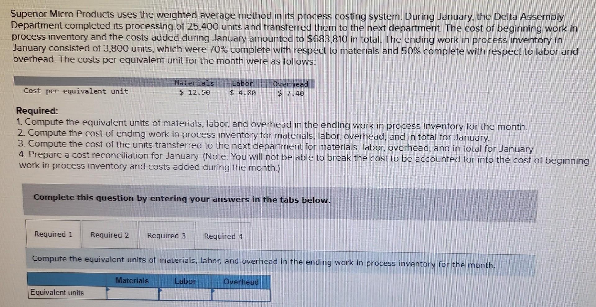 Superior Micro Products uses the weighted-average method in its process costing system.