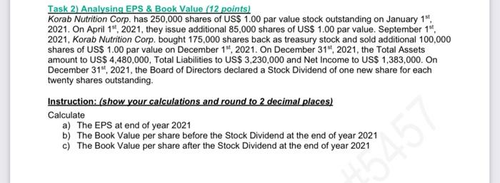 Task 2) Analysing EPS & Book Value (12 points) Korab Nutrition Corp.