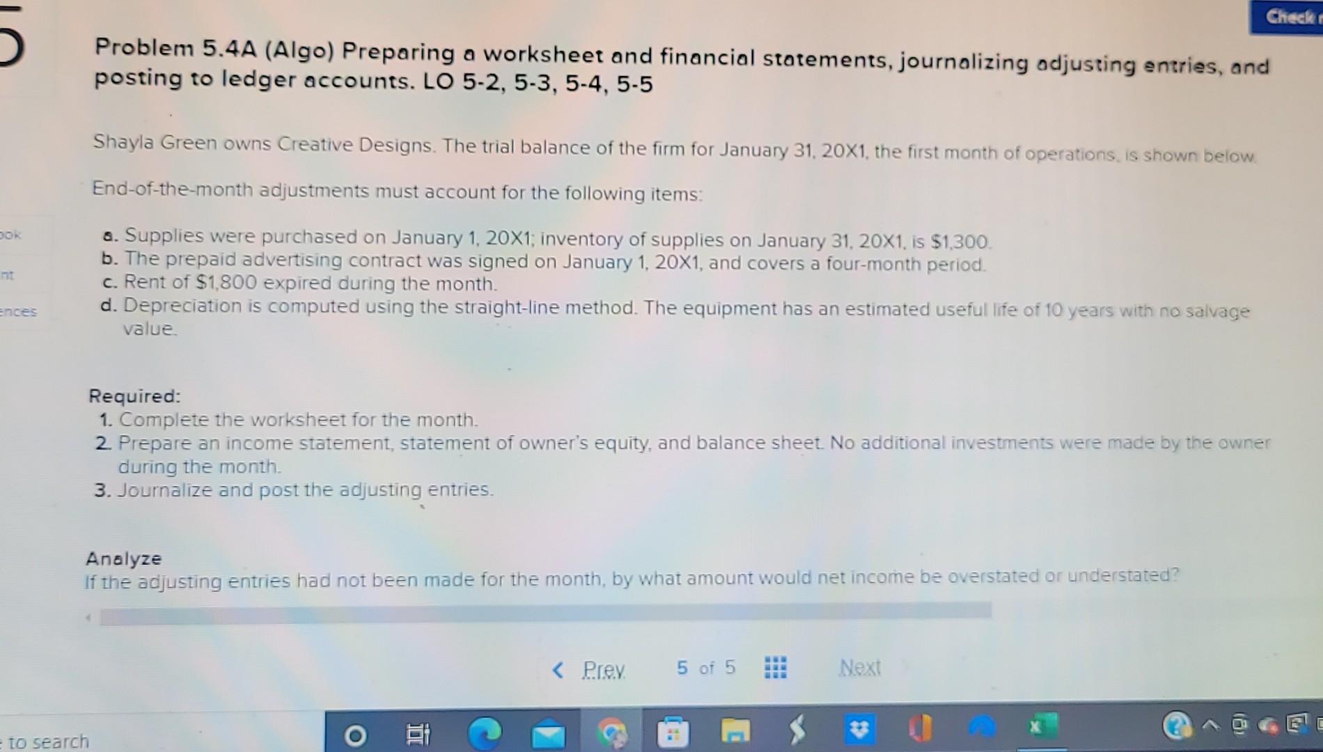 Check Problem 5.4A (Algo) Preparing a worksheet and financial statements, journalizing adjusting