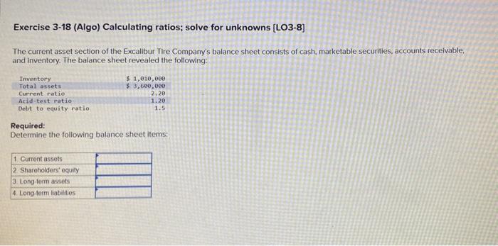 Exercise 3-18 (Algo) Calculating ratios; solve for unknowns [LO3-8] The current asset
