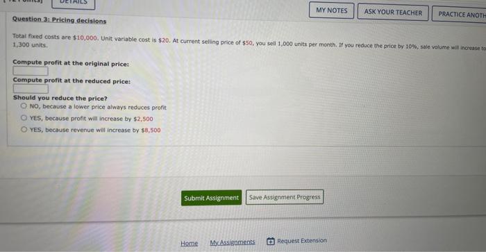 Question 3: Pricing decisions MY NOTES ASK YOUR TEACHER PRACTICE ANOTH Total