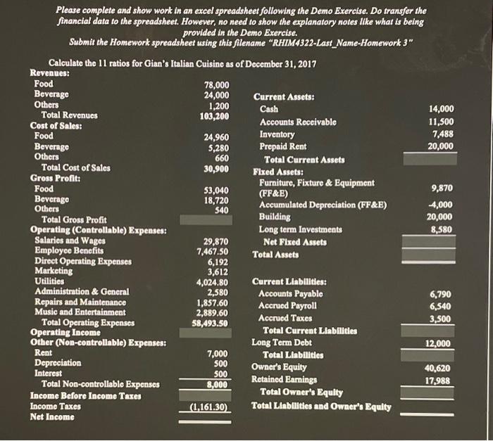 Please complete and show work in an excel spreadsheet following the Demo