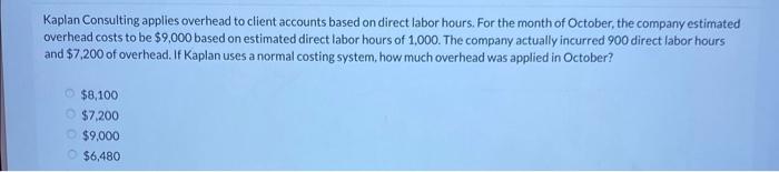 Kaplan Consulting applies overhead to client accounts based on direct labor hours.