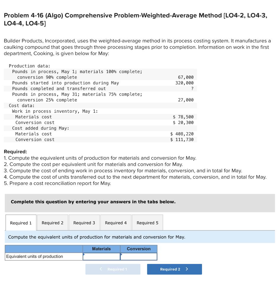 Problem 4-16 (Algo) Comprehensive Problem-Weighted-Average Method [LO4-2, LO4-3, LO4-4, LO4-5] Builder Products,