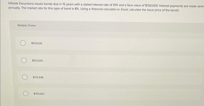 Hillside Excursions issues bonds due in 15 years with a stated interest