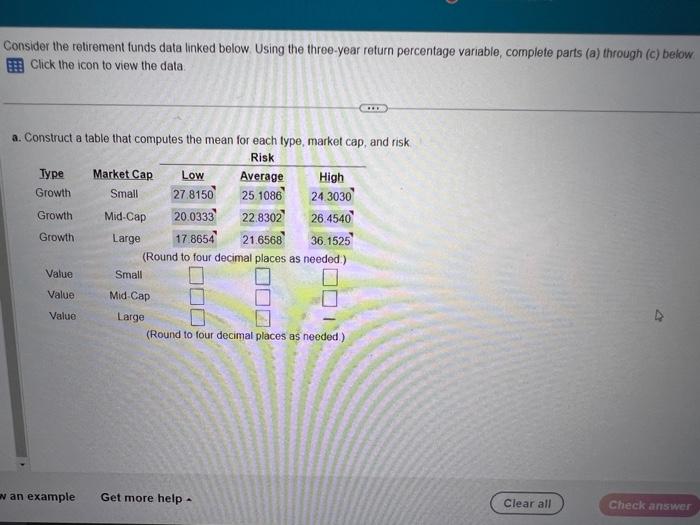 Consider the retirement funds data linked below. Using the three-year return percentage
