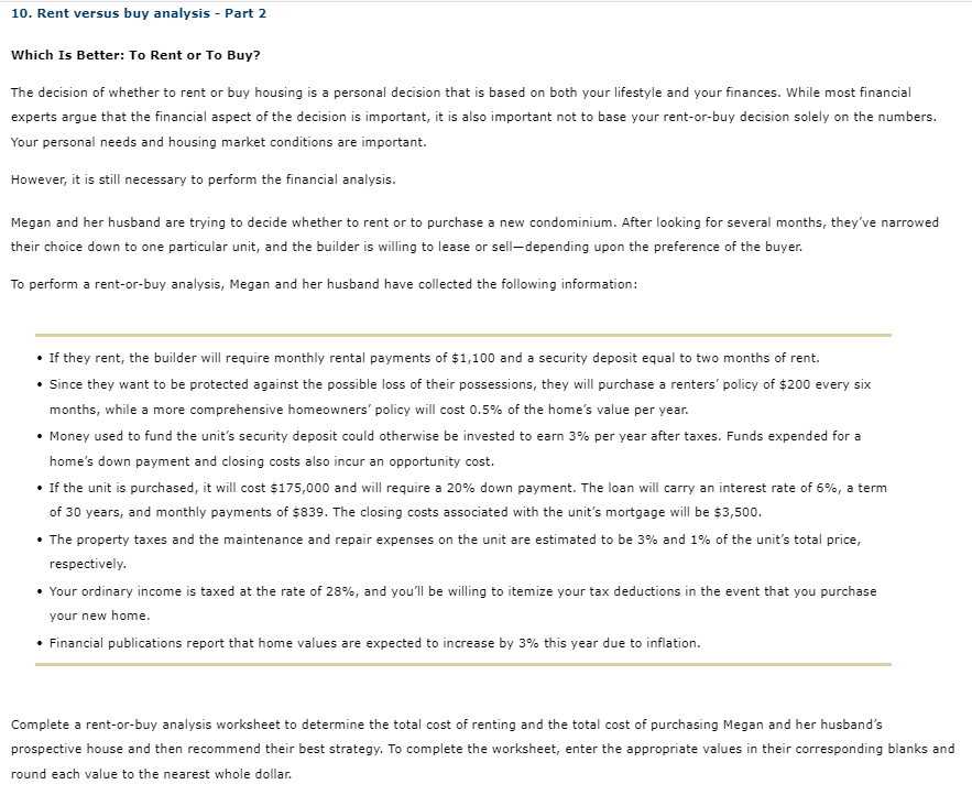 10. Rent versus buy analysis - Part 2 Which Is Better: To