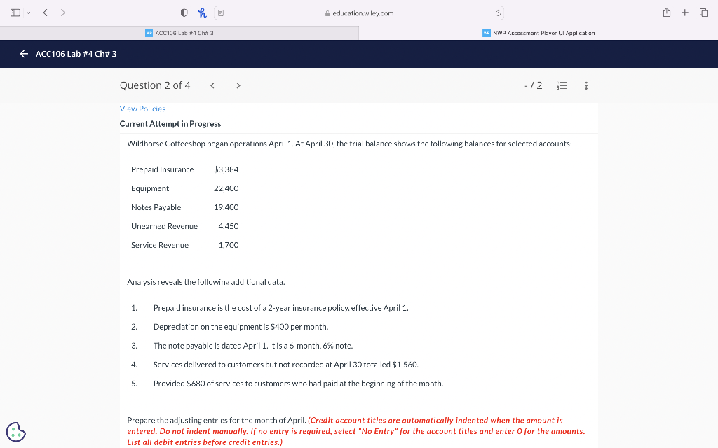 < > ACC106 Lab #4 Ch# 3 1 ho education.wiley.com ACC106 Lab