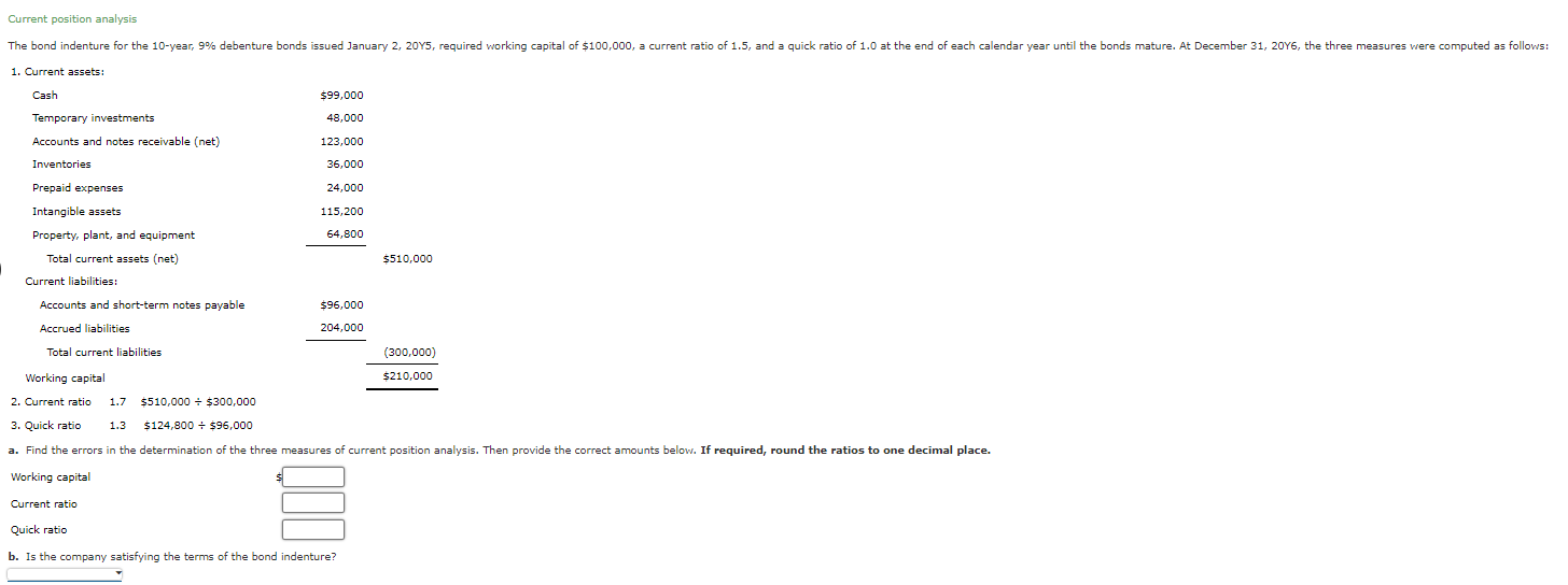 Current position analysis The bond indenture for the 10-year, 9% debenture bonds