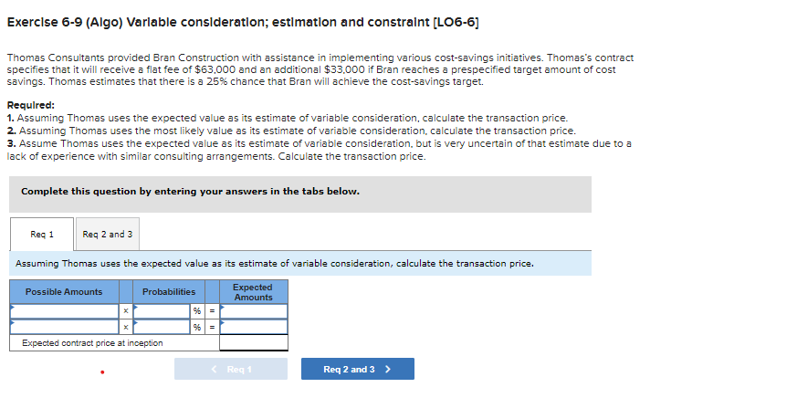 Exercise 6-9 (Algo) Variable consideration; estimation and constraint [LO6-6] Thomas Consultants provided