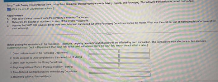Tasty Treats Bakery mass-produces bread using three sequential processing departments: Mixing, Baking,