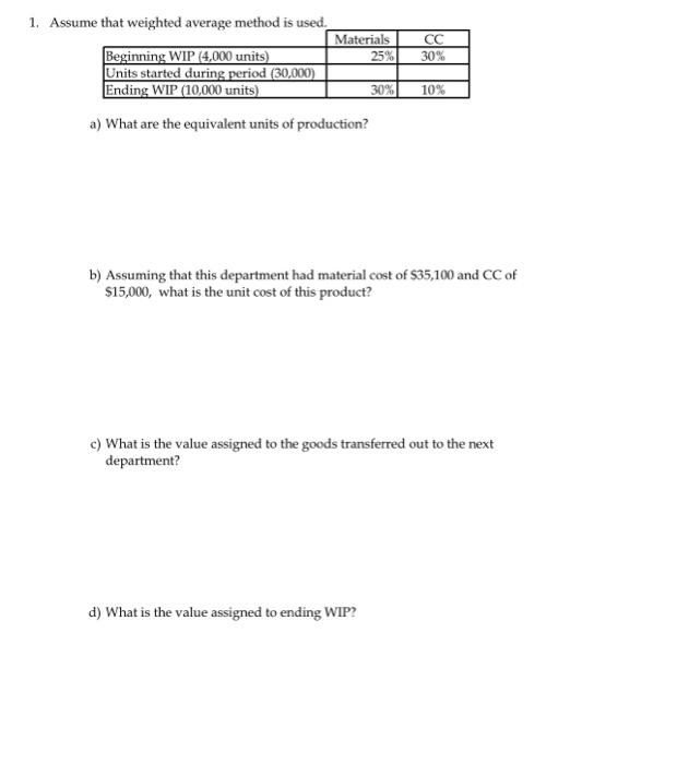 1. Assume that weighted average method is used. Beginning WIP (4,000 units)
