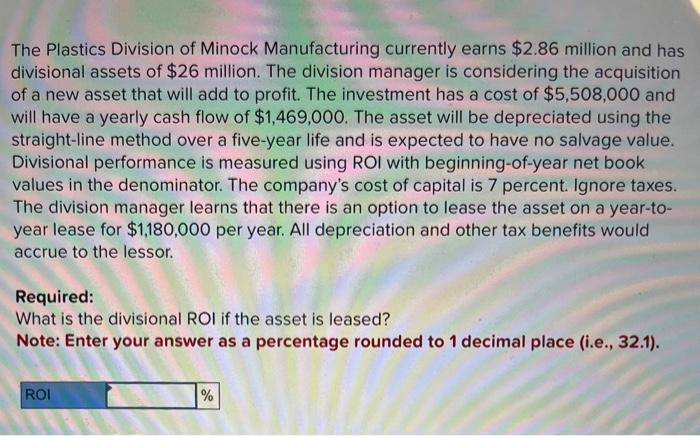 The Plastics Division of Minock Manufacturing currently earns $2.86 million and has