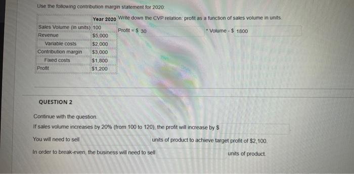 Use the following contribution margin statement for 2020: Year 2020 Write down