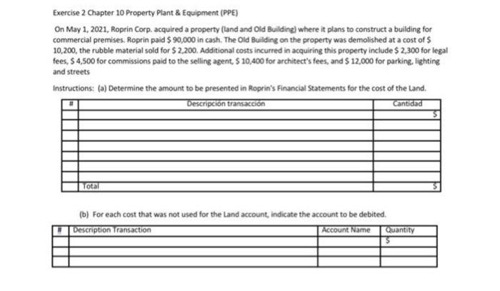 Exercise 2 Chapter 10 Property Plant & Equipment (PPE) On May 1,