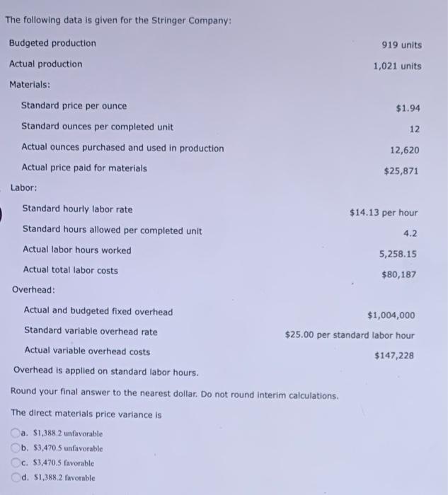 The following data is given for the Stringer Company: Budgeted production 919