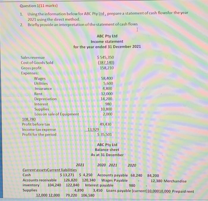 Question 1(11 marks) 1. Using the information below for ABC Pty Ltd,