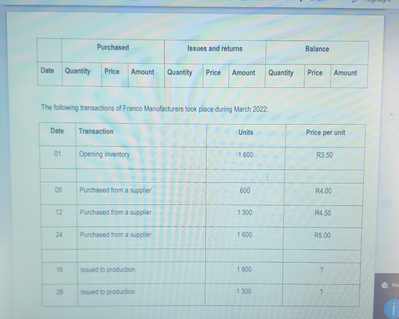Purchased Issues and returns Balance Date Quantity Price Amount Quantity Price Amount