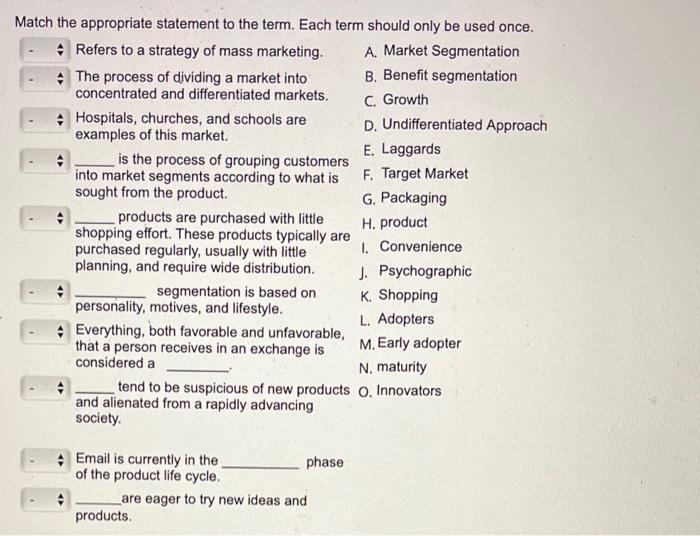 Match the appropriate statement to the term. Each term should only be