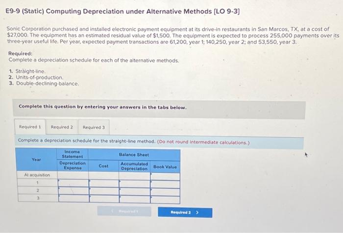 E9-9 (Static) Computing Depreciation under Alternative Methods [LO 9-3] Sonic Corporation purchased