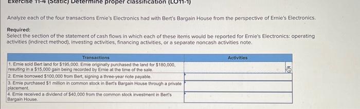 cise 11-4 (Static) Determine proper classification (LO11-1) Analyze each of the four