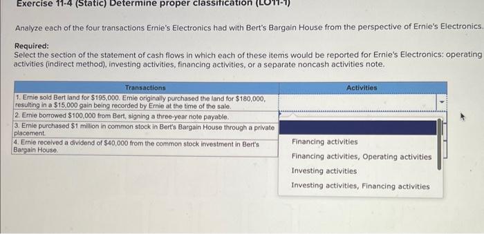 transactions Ernie's Electronics had with Bert's Bargain House from the perspective of