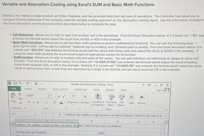 Variable and Absorption Costing using Excel's SUM and Basic Math Functions Addison,