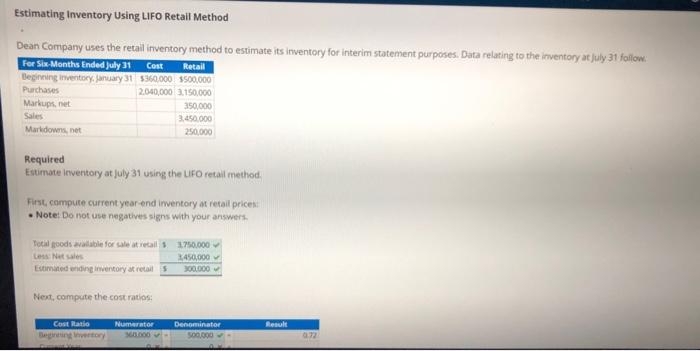 Estimating Inventory Using LIFO Retail Method Dean Company uses the retail inventory