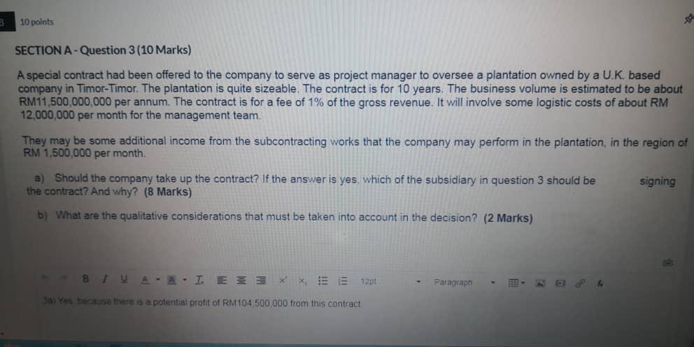 B 10 points SECTION A-Question 3 (10 Marks) A special contract had