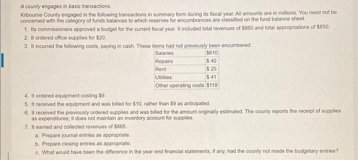 A county engages in basic transactions. Kilbourne County engaged in the following