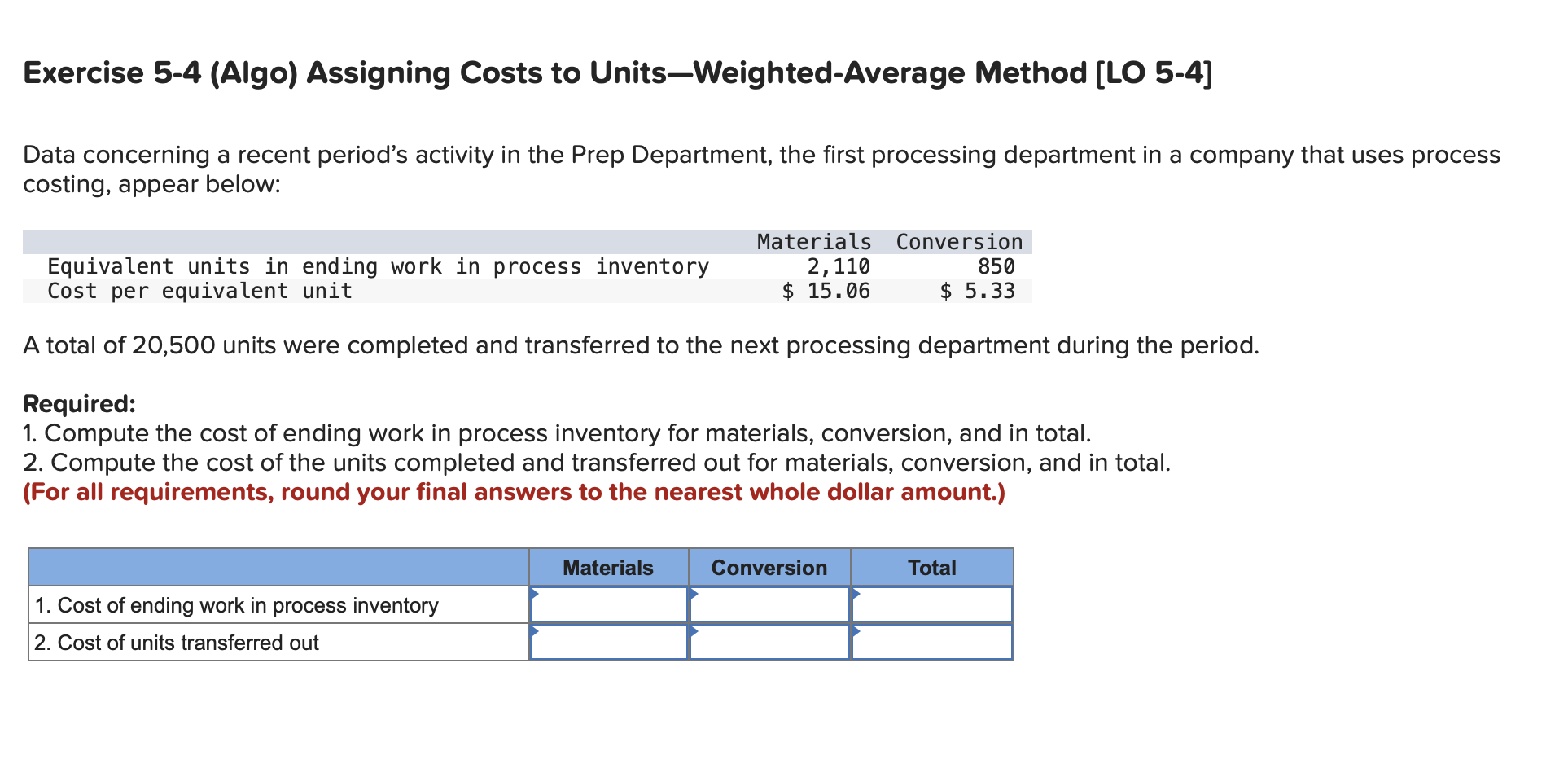 Exercise 5-4 (Algo) Assigning Costs to Units-Weighted-Average Method [LO 5-4] Data concerning