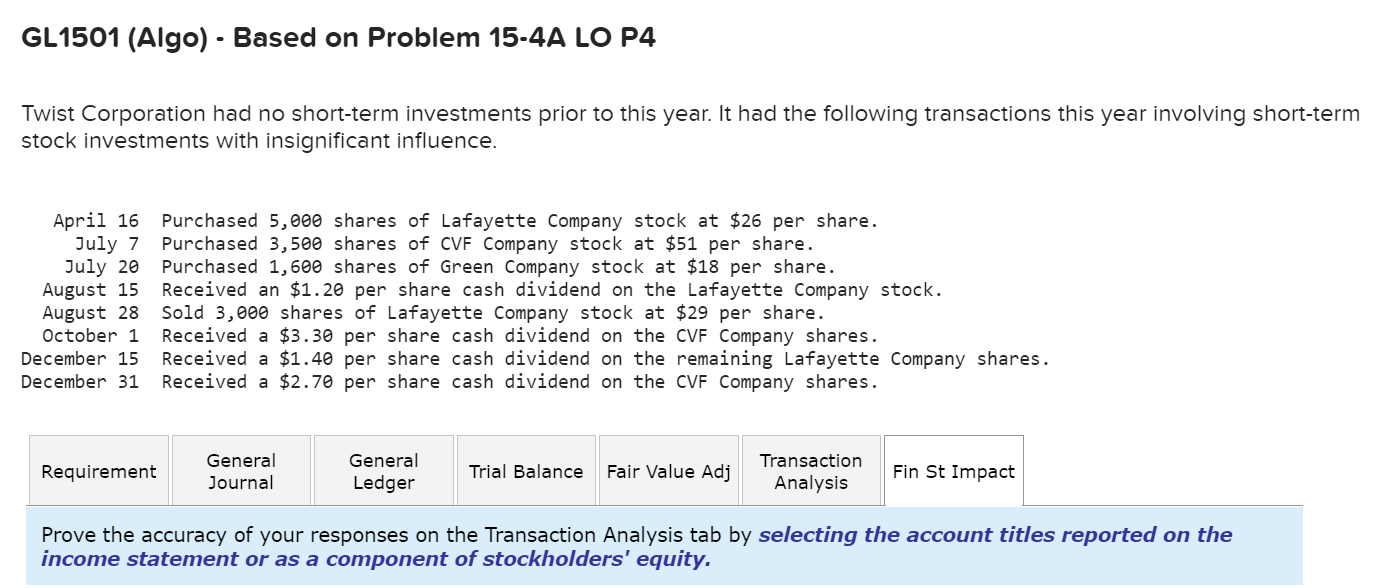 GL1501 (Algo) - Based on Problem 15-4A LO P4 Twist Corporation had