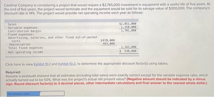 Cardinal Company is considering a project that would require a $2,765,000 investment