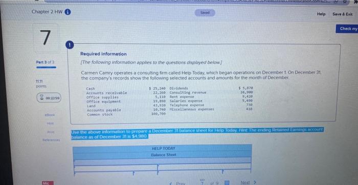Chapter 2 HW 7 Required information Saved Help Save & Exit Part