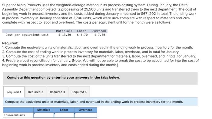 Superior Micro Products uses the weighted-average method in its process costing system.