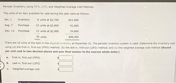 Periodic Inventory Using FIFO, LIFO, and Weighted Average Cost Methods The units