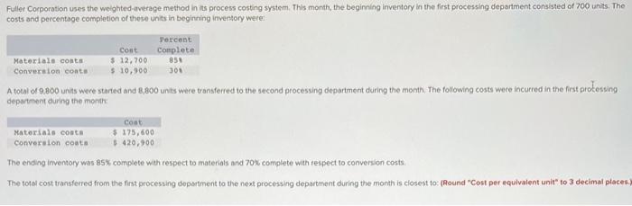 Fuller Corporation uses the weighted-average method in its process costing system. This