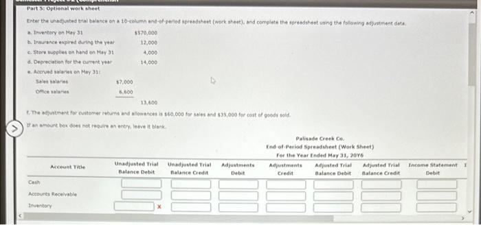 Part 3: Optional work sheet Enter the unadjusted trial balance on a