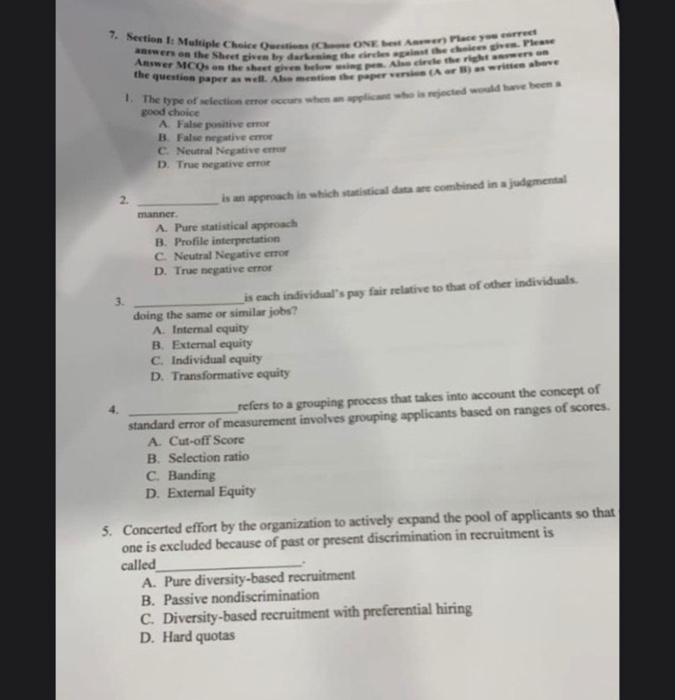 7. Section 1: Multiple Choice Questions (Choose ONE best Answer) Place you