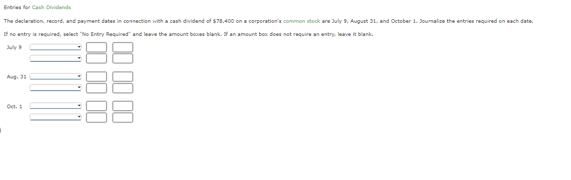 Entries for Cash Dividends The declaration, record, and payment dates in connection