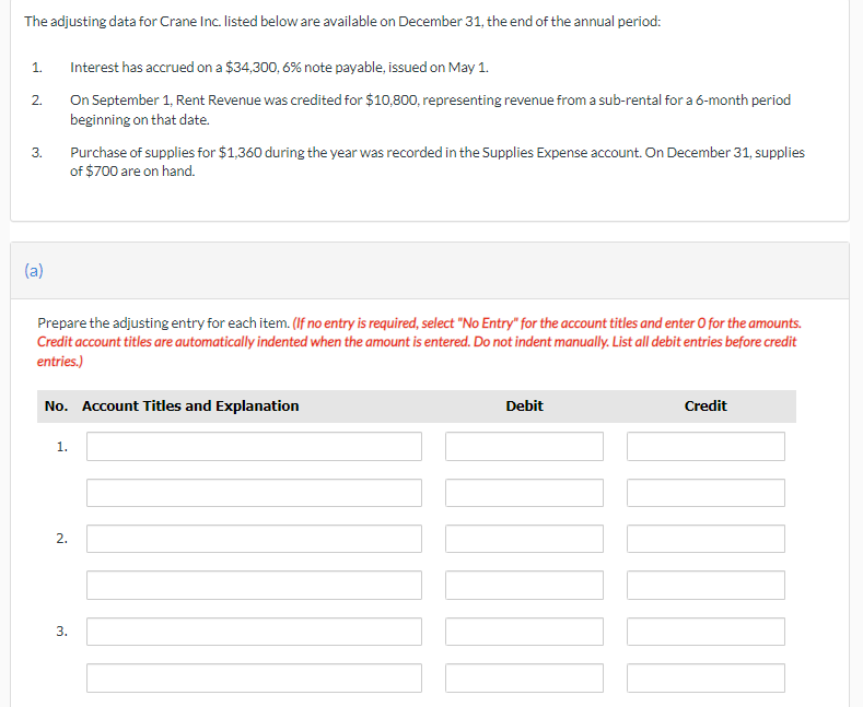 The adjusting data for Crane Inc. listed below are available on December